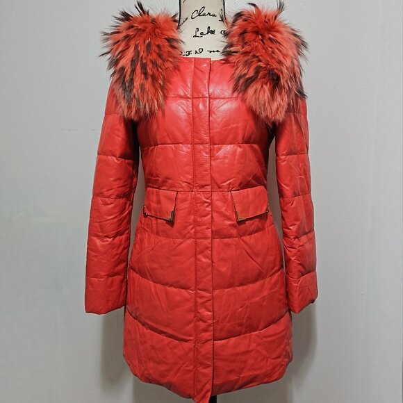 New Real Lamb Leather Jacket Coat Raccoon Fur Pink Fuchsia Punch Rouge RubyRed - Picture 1 of 5